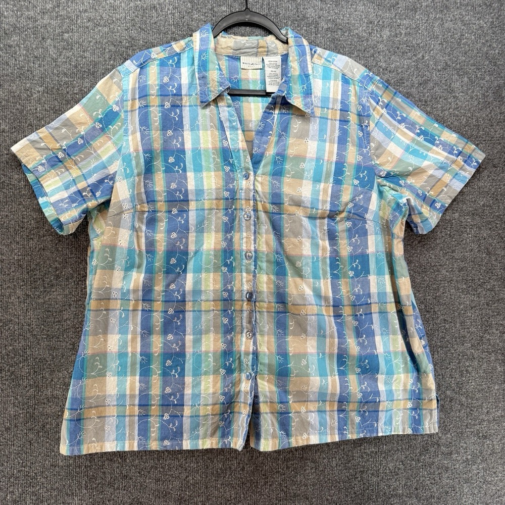 White Stag Shirt Womens 22 W Plaid Eyelet Floral Button Up Short Sleeve Cottage